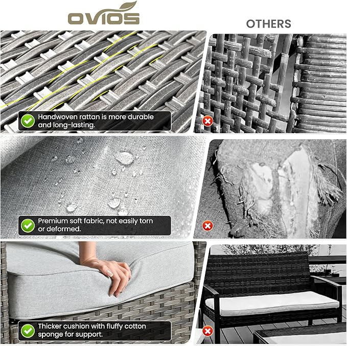 ovios Patio Furniture Set, 6 Pieces Outdoor Wicker Sofa Couch with Fire Pit Table, Ottomans and Comfy Cushions, All Weather High Back Rattan Conversation Set, Grey