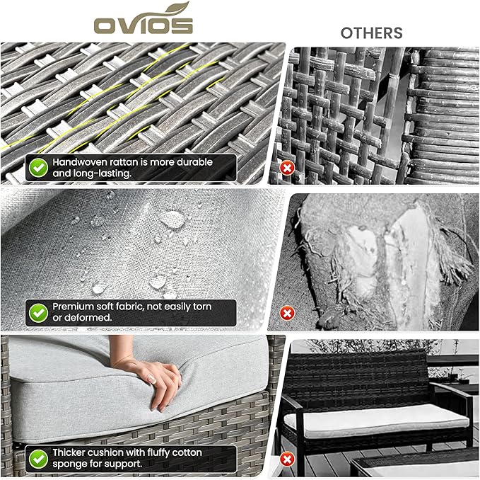 ovios Patio Furniture Set, 7 Pieces Outdoor Wicker Sofa Couch with 4 Chairs, Ottomans and Comfy Cushions, All Weather High Back Rattan Conversation Set, Grey