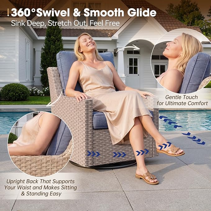 NestNook 4 Piece Patio Furniture Set, Outdoor Rattan Swivel Glider Chairs Set of 2 with Loveseat and Coffee Table Wicker Patio Conversation Set for Backyard Balcony & Poolside（Blue）