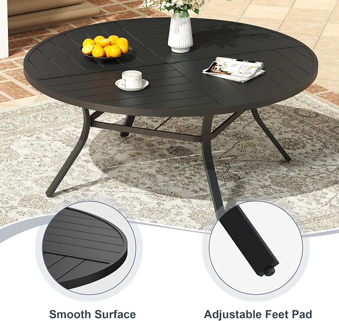 VICLLAX 63" Round Patio Dining Table for 8-10, All Weather Metal Outdoor Table with 1.57" Umbrella Hole and Surdy Frame for Garden Lawn Deck, Black