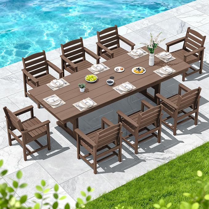 SERWALL 9 Piece Outdoor Dining Set, 84" HDPE Large Patio Dining Furniture Set for 8, with Pre-drilled Umbrella Hole, Outdoor Tables and Chairs Set for Garden, Brown