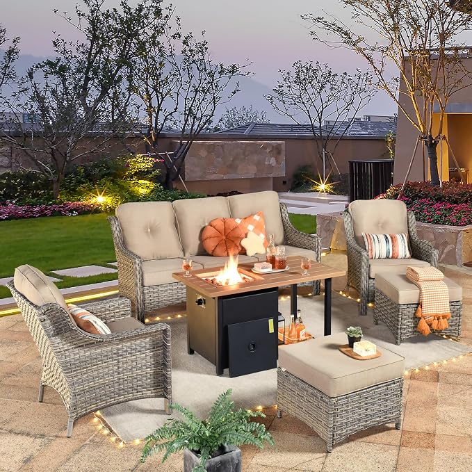 HOOOWOOO 6 Piece Patio Furniture Sets with Fire Pit Table,Outdoor Wicker Furniture Set,All Weather Resistant Outside High Back Rattan Conversation Set for Out Door(Beige Tan)