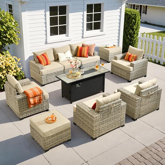 10 Pcs Outdoor Sectional Patio Furniture Set with Fire Pit Table - All Weather Wicker Modular Outside Sectional Couch,Patio Seating Outdoor Conversation Sets for Deck Yard Garden,Beige