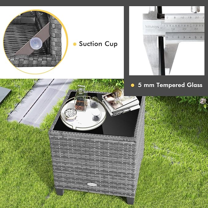Tangkula 3 Pieces Wicker Patio Furniture Set, Outdoor Rattan Conversation Cushioned Chair Set with Tempered Glass Side Table, for Porch, Balcony and Garden