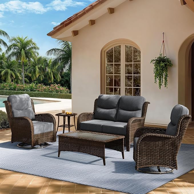 HILLGA Luxury Outdoor Patio Furniture Set with 6-Inch Thick Cushions, High Back Wicker Swivel Rocker Chairs, 5 Pcs All Weather Conversation Set for Large Deck, Yard and Poolside, Gray (V3)