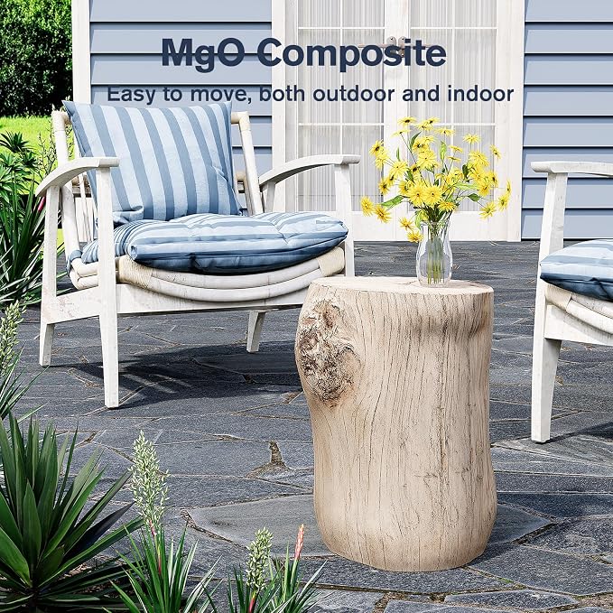 HOMPUS Concrete Outdoor Side TableSet of 2, 2 Piece Tree Stump Modern Round Coffee Table Accent Table Set Plant Stand Faux Wood End Table Garden Stool for Patio,Home Decor, Living Room, White Oak