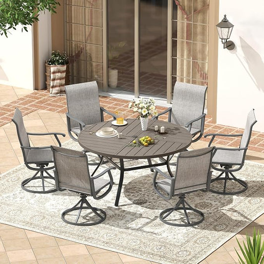 VICLLAX Patio 7 Pieces Outdoor Dining Set, 50" Round Metal Table with Umbrella Hole and 6 Swivel Textilene Chairs for Lawn, Garden, Porch, Grey