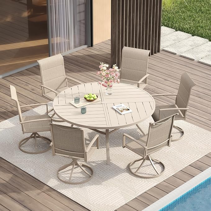 VICLLAX Patio Dining Set for 6, 6 Seats Outdoor Furniture Includes 50.1" Round Patio Table and Swivel Padded Chairs, Sandshell Color Tabletop and Fabric