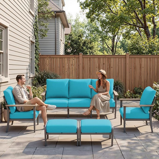 Aluminum Outdoor Patio Furniture Set, 5-Piece Outdoor Sofa with 5.1" Thick Cushions, Outdoor Couch with Ottomans, for Balcony, Porch, Blue