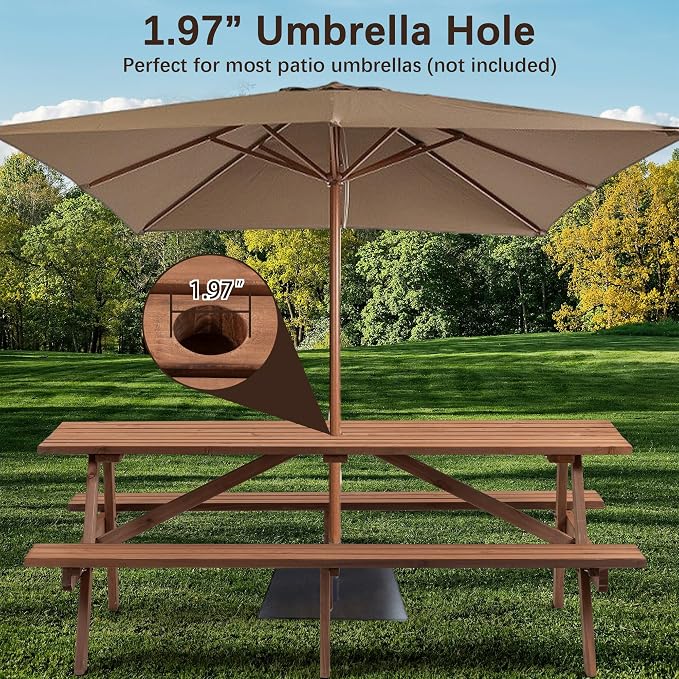 Hohuqeri Wood Picnic Table, 75" Tabletop with Umbrella Hole, 8 Person Outdoor Wooden Picnic Table Bench Set for Patio, BBQ, Dining, Brown