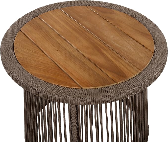 Conical Dark Beige Rope Side Table, Teak Finish Acacia Wood Top, 150 lbs Capacity, No Assembly Required, Modern Open-Weave Round Accent Table for Patio Backyard Living Room