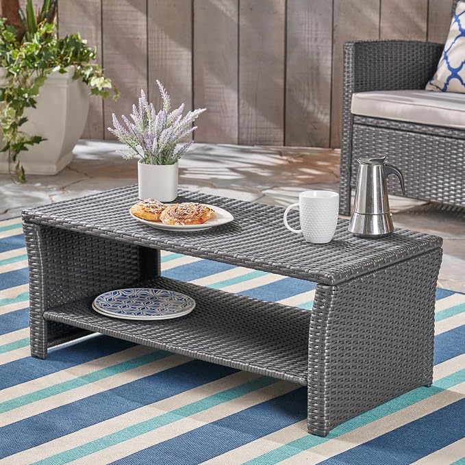 ST Lucia Patio Coffee Table Woven Rattan Open Shelf, Grey | Woven rattan, weather resistant, flat tabletop, open lower shelf, stable 4-corner base
