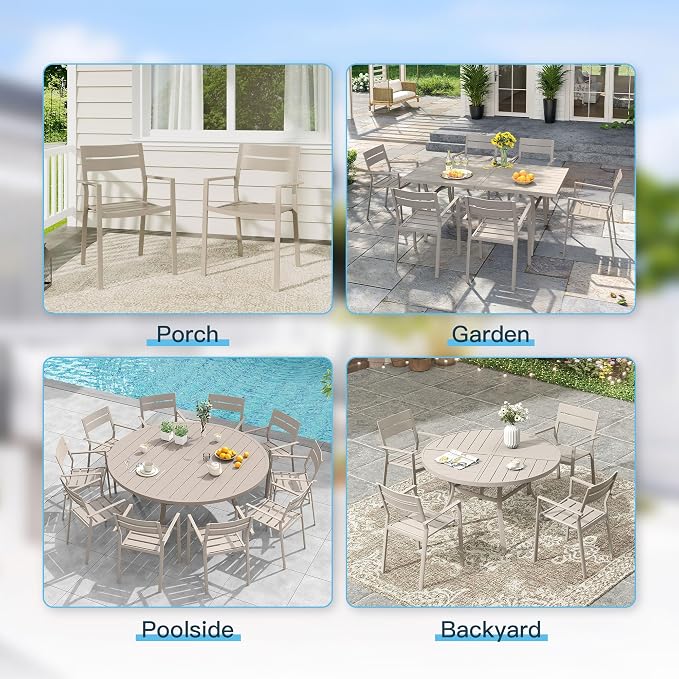 VICLLAX Patio 11 Pieces Outdoor Dining Set, Wrought Iron Metal Outdoor Table and Chairs Set, 60" Round Table with Umbrella Hole and 8 Stackable Chairs for Lawn, Garden, Porch, Sandshell
