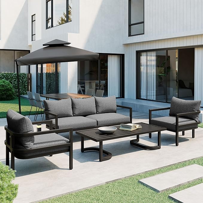 4-Piece Outdoor Steel Sofa Set, All Weather Patio Conversation Set with 1 Love Sofa, 2 Single Sofa and Coffee Table, Waterproof Cushions, Suitable for Backyard Poolside Gardens (Light Grey-Z)