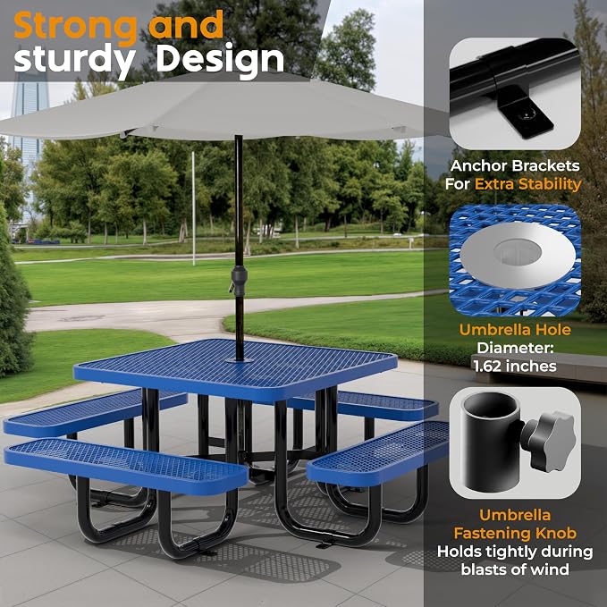 Square Metal Picnic Tables for Kids for Outdoors with Umbrella Hole, Adjustable Seats for School, Park, Playground (Blue, 38 in, Kids, Square)