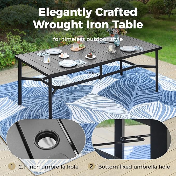 MIXPATIO 9 Piece Patio Metal Dining Set, Outdoor Table and Chairs for 8, Powder-Coating Steel Chairs with 4" Thickened Cushions, 83" Rectangle Table for Deck Backyard with 1.57" Umbrella Hole