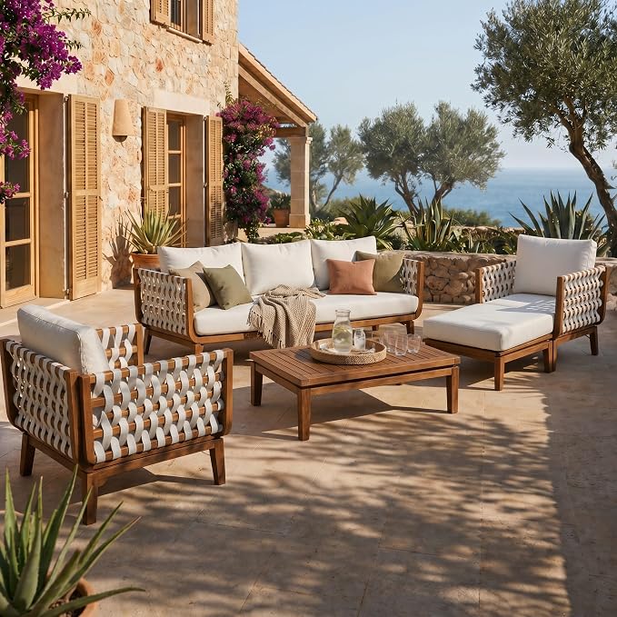 Merax 5 Piece Rope Woven Paito Conversation Set, Outdoor All-Weather Acacia Wood 3-Seater Sofa, Armchair with Cushions,2 Ottomans, 1 Coffee Table for Porch, Lawn, Backyard, Balcon, Teak+ Beige