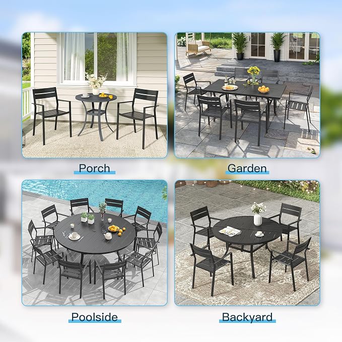 VICLLAX Patio 5 Pieces Outdoor Dining Set, Wrought Iron Metal Outdoor Table and Chairs Set, 40.6" Round Table with Umbrella Hole and 4 Stackable Chairs for Lawn, Garden, Porch, Grey/Black