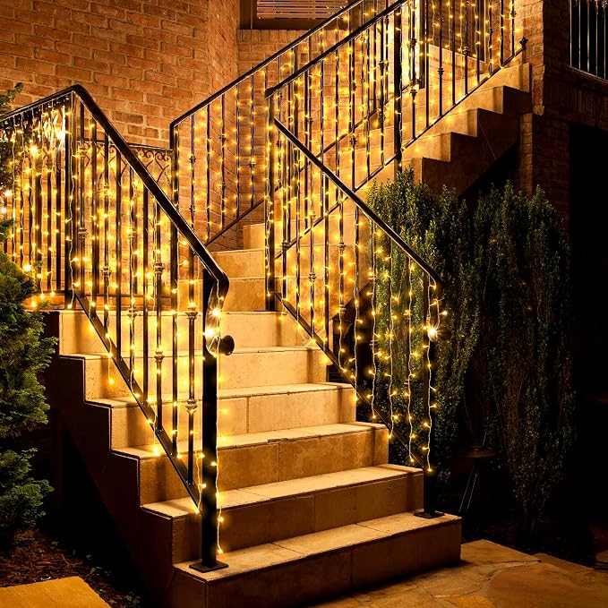 Eueasy Curtain-Lights Outdoor, 300 LED-Fairy Lights, Connectable15×3.3 FT with 8 Lighting Modes, for Balconies, Fences, Stairs Guardrails