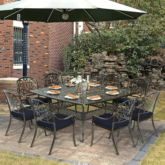 9-Piece Patio Cast Aluminum Dining Set, Outdoor Dining Furniture Set for 8 Person, Includes 64" Square Table and 8 Cushioned Chairs with Umbrella Hole for Patio Deck Garden, Navy Blue