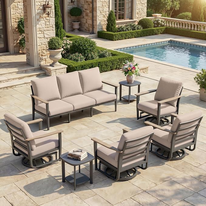 Aluminum Outdoor Patio Furniture Set, 7-Piece Sectional Sofa with 5.1" Thick Cushions, 4 Swivel Rocking Chairs and 2 Side Tables, Outdoor Couch for Backyard, Deck, Khaki