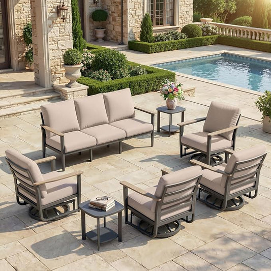 Aluminum Outdoor Patio Furniture Set, 7-Piece Sectional Sofa with 5.1" Thick Cushions, 4 Swivel Rocking Chairs and 2 Side Tables, Outdoor Couch for Backyard, Deck, Khaki