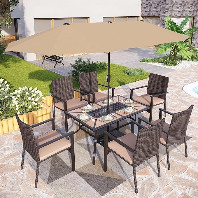 PHI VILLA 7pc Patio Dining Set with Umbrella, Wood-top Table, Rattan Chairs | 61" Wood-top dining table, 6 cushioned rattan wicker chairs, 13ft beige umbrella. Perfect for patio, deck, yard, or porch.