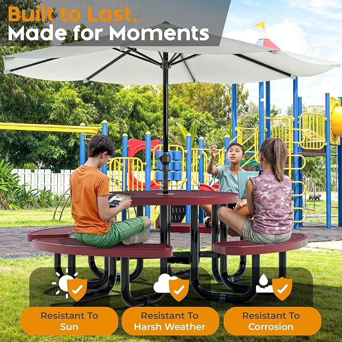 Round Metal Picnic Tables for Kids for Outdoors with Umbrella Hole, Adjustable Seats for School, Park, Playground (Red, 38 in, Kids, Expanded Steel)