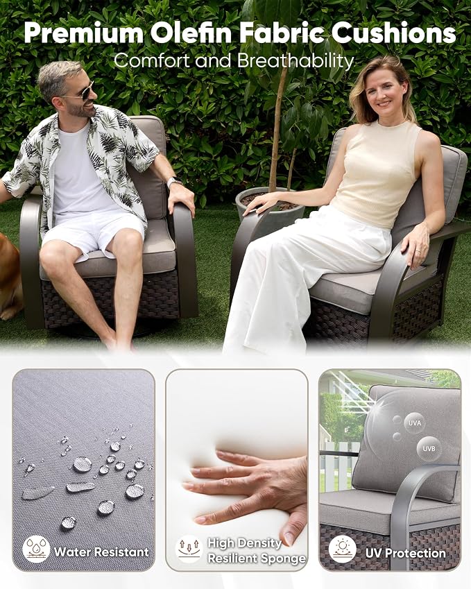 HUMMUH Patio Furniture Set with Fire Pit Table-Patio Chairs Set of 4 Outdoor Wicker Chairs for Deck Porch Garden Poolside Backyard-Brown/Grey