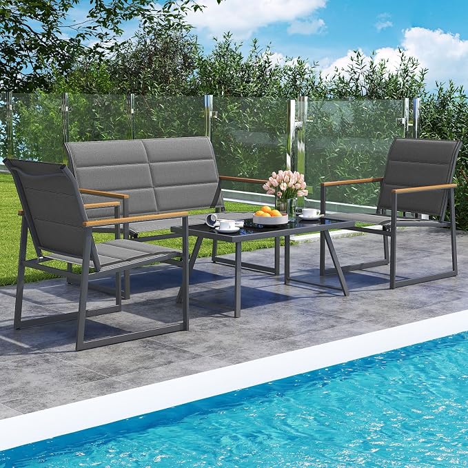 Tangkula 4 Piece Patio Furniture Set, Outdoor Metal Conversation Set with Padded Fabric Seat & Wood-Plastic Armrests, Sectional Sofa Set with Tempered Glass Coffee Table for Backyard, Porch (Gray)