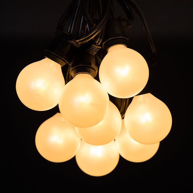 White Pearl Outdoor Patio Globe String Lights (Commercial 100 Foot 80 Socket - G50 White Pearl 2 Inch Bulbs - Black Wire)