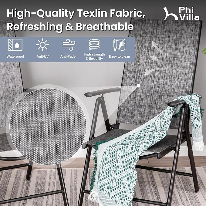 PHI VILLA Round Outdoor Dining Set for 4 with Folding Chairs, Grey | Light-weight & space-saving, Breathable & quick-drying, Metal Table, Umbrella Hole, Weather-Resistant, Adjustable, Patio deck