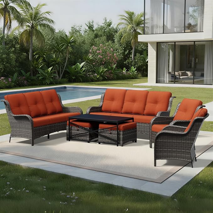 Joyside 7 Piece Wicker Patio Furniture Set, Rattan Patio Chairs with High Back, Deep Seating, Wide Armrest, Thickened Cushions, Outdoor Furniture for Deck, Porch Use