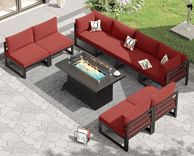 RADIATA 8 People Large Luxury Aluminum Patio Conversation Set with Fire Pit Table Propane/Gas, 29" Deep Wide U Shaped Sectional Couch, 500 lbs Heavy Duty UV Resistant Outdoor Sofa for Front Yard, Red