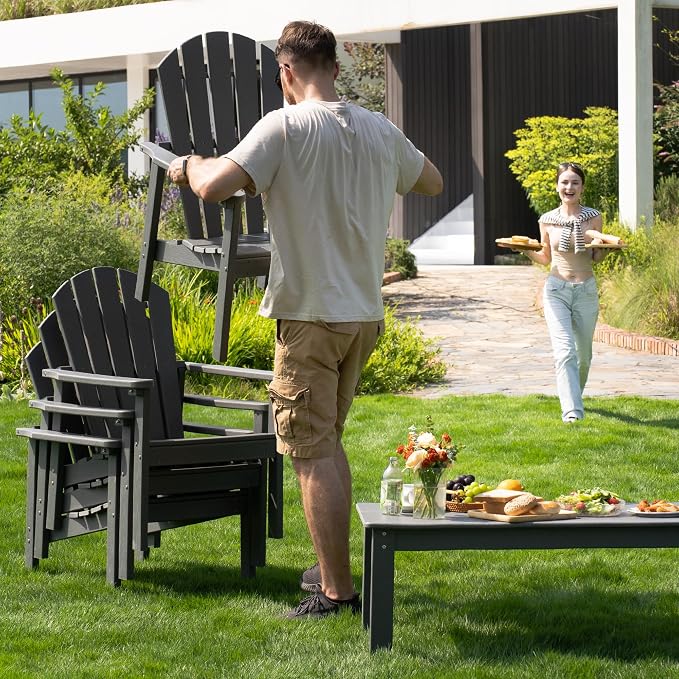 nevilywood Compact Stackable Adirondack Chairs,All Weather HDPE,380lb,Grey | 26.3" Wide HDPE.All-Weather Outdoor.Maintenance-Free.Stackable for Storage.25°Curved Straight Backrest.Quick Assembly