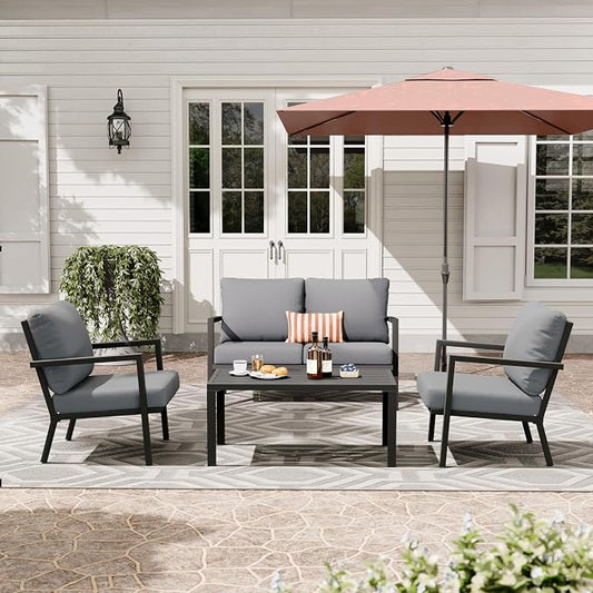 HAPPATIO Aluminum Patio Furniture Set, 4 Pieces Conversation Set with Thick Cushions and Coffee Table, All Weather Loveseat Waterproof and Rustproof for Garden, Backyard, Porch, Black