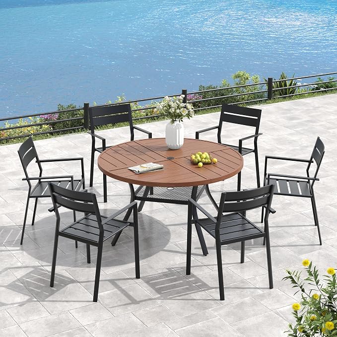 VICLLAX 50" Round Outdoor Table, Patio Dining Table for 6 with Umbrella Hole for Garden Lawn Deck Backyard, Walnut