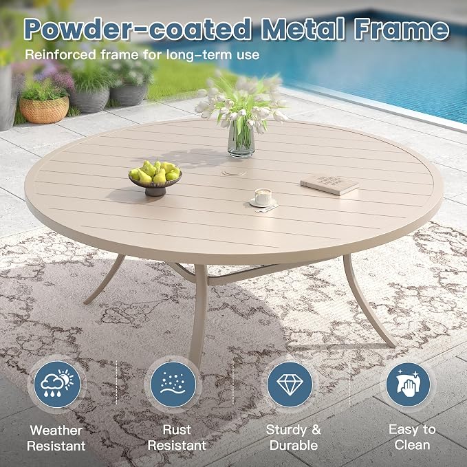 DIFY 63" Round Outdoor Patio Dining Table for 8-10, Metal Patio Table with 1.57" Adjustable Umbrella Hole, All-Weather Outdoor Furniture Table for Garden Backyard Deck, Sandshell