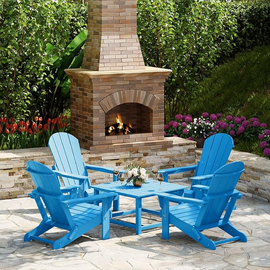 Costaelm Patio Conversation Set, 5 piece Balcony Furniture, Small Patio Firepit Furniture Outdoor Adirondack Square Coffee Table and Chair for Backyard Lawn Porch Pool Garden, Pacific Blue