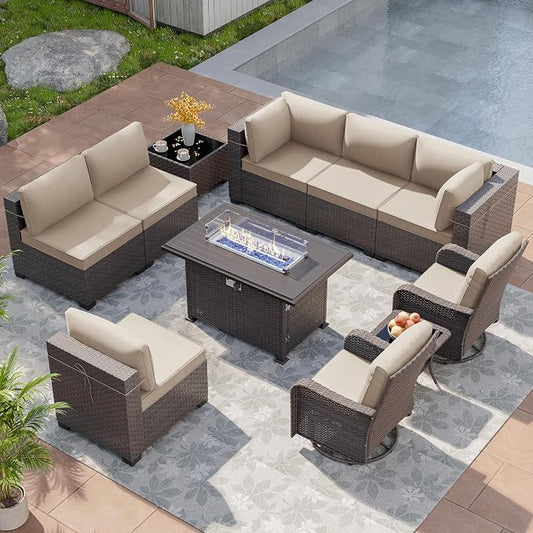 Patio Furniture Set with Fire Pit Table 11 Pieces Wide PE Rattan Patio Conversation Set,Swivel Chair Sofa Set Outdoor Sectional Furniture w/43in 55000 BTU Propane Fire Pit Table,Sand