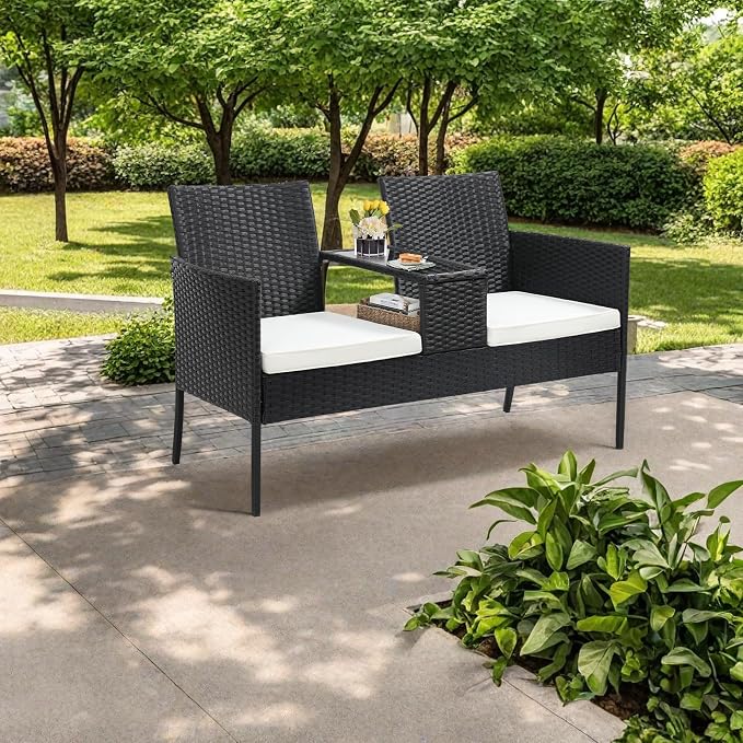 KROFEM Wicker 2-Seat Patio Conversation Sets, Outdoor Rattan Loveseat with Side Table and Removable Soft Cushion, Perfect for Backyard, Garden and Lawn, White