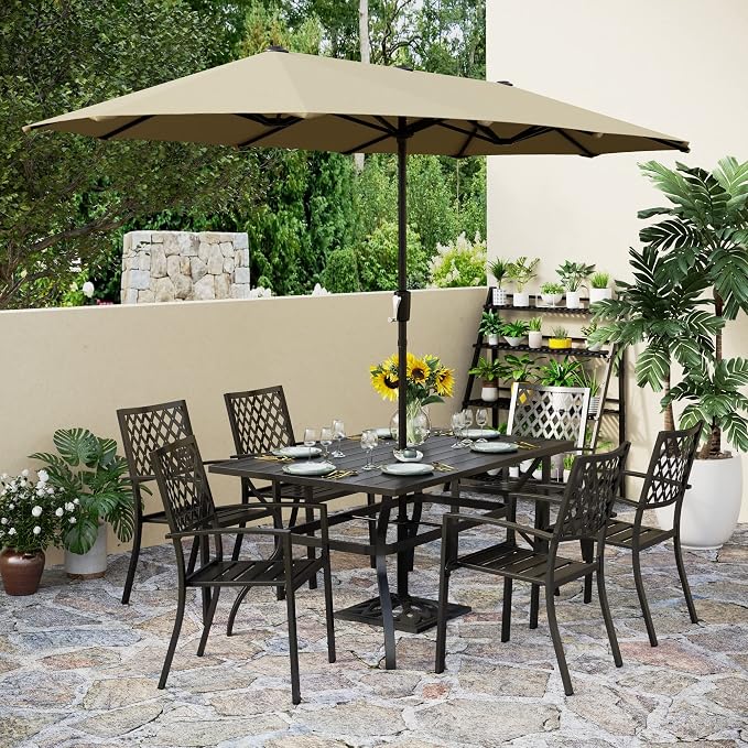 PHI VILLA 8 Pcs Patio Dining Set w/ 13ft Double-Sided Patio Umbrella(Beige) | Metal Outdoor Table Furniture Set with 6 Outdoor Stackable Chairs, 1 Rectangle Dining Table and 1 Large Beige Umbrella