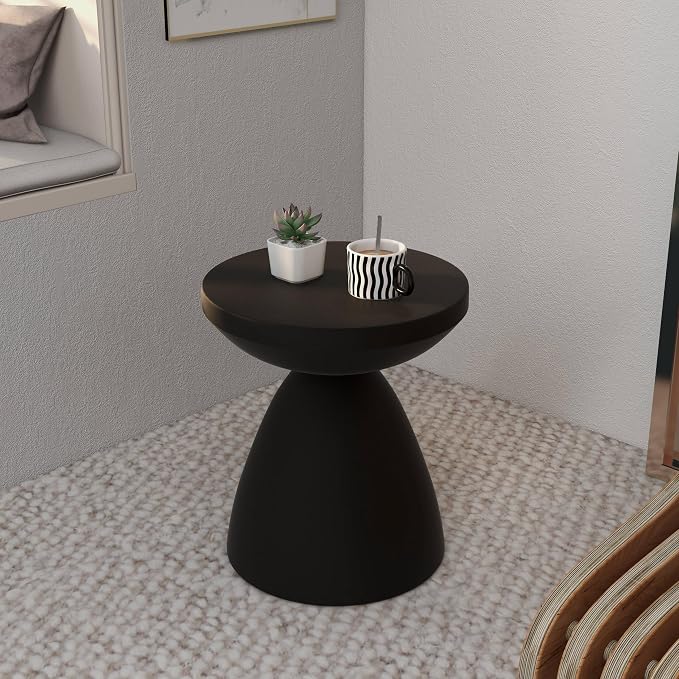 LeisureMod Modern Side Table Lightweight Fiberstone Top 20" Round Accent Table and Hourglass Pedestal Base for Outdoor or Indoor Dune Series in Black