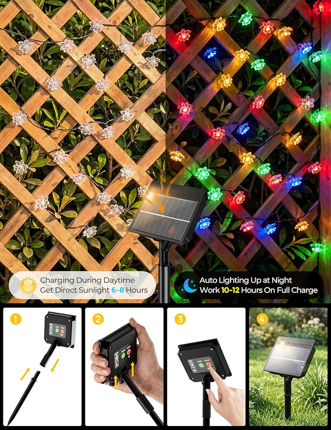 Brightown 50 LED Flower Solar String Lights Outdoor Waterproof, Multicolor | Solar Powered Fairy Lights with 8 Modes for Garden Fence Yard Patio Christmas Tree Party Wedding Decor