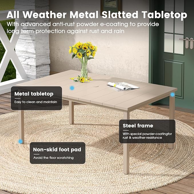 DIFY 7 Pieces Outdoor Patio Dining Set for 6, 63" Sandshell Rectangle Metal Dining Table and 6 Sandshell Stackable Sling Dining Chairs, Outdoor Table and Chairs for Lawn Garden Backyard Deck