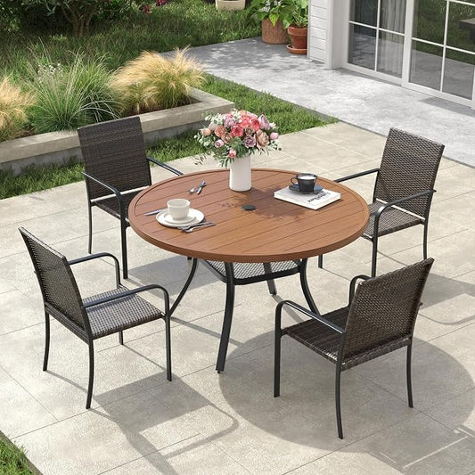 VICLLAX 5 Pieces Patio Dining Set, 4 Stakable Wicker Outdoor Chairs and 40.6" Patio Round Metal Table with Umbrella Hole for Backyard Lawn Deck, Walnut Tabletop