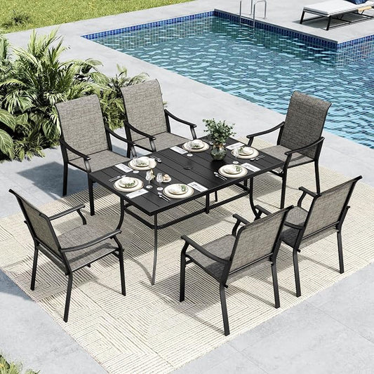 MFSTUDIO Patio Table and Chairs Set, 7 PCS Outdoor Dining Set with 6 Patio Dining Chair and 1 Heavy Duty Metal 59" Table for 6, All Weather Resistant Patio Furniture, Grey