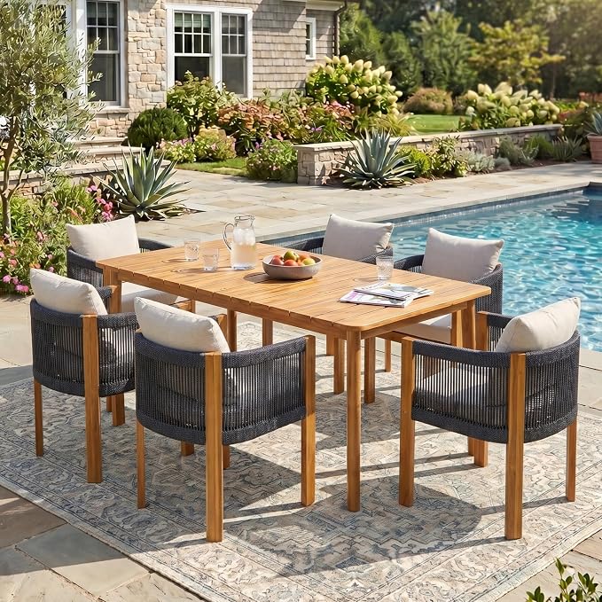 Christopher Knight Home Matera Acacia Wood Outdoor Dining Set for 6, 7 Piece Patio Dining Table and Chair Set, Wooden Outdoor Dining Armchair and Table Set with Cushion, Black+Teak+Sand