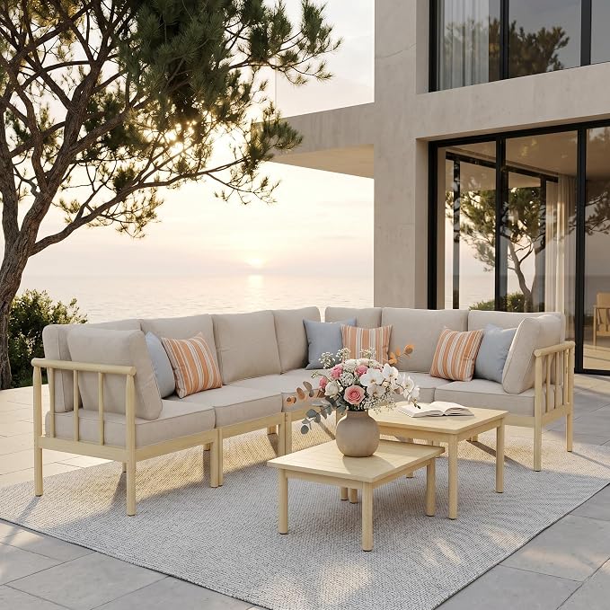 SUNSHINE VALLEY Patio Furniture,Acacia Wood Outdoor Sectional Sofa with 5.5" Ultra-Thick Cushions, L Shaped Modular Patio Conversation Set,Lawn Garden Backyard Couch Set with Nesting Tables,Beige