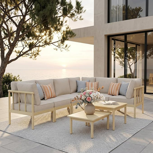 SUNSHINE VALLEY Patio Furniture,Acacia Wood Outdoor Sectional Sofa with 5.5" Ultra-Thick Cushions, L Shaped Modular Patio Conversation Set,Lawn Garden Backyard Couch Set with Nesting Tables,Beige
